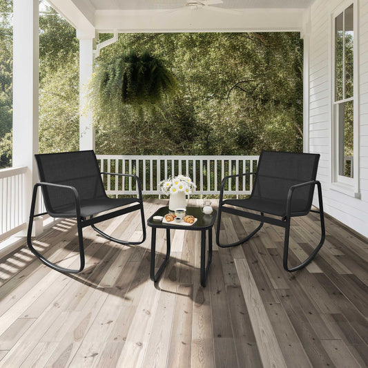Moasis 3 Piece Rocking Patio Furniture Bistro Set with Chairs and Glass Table
