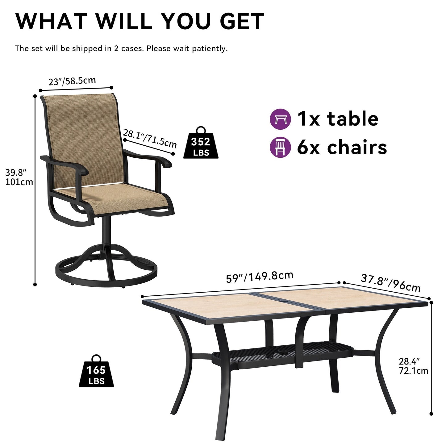 5/7/9 PCS Outdoor Dining Sets with 28W Textilene Swivel Chairs, Table