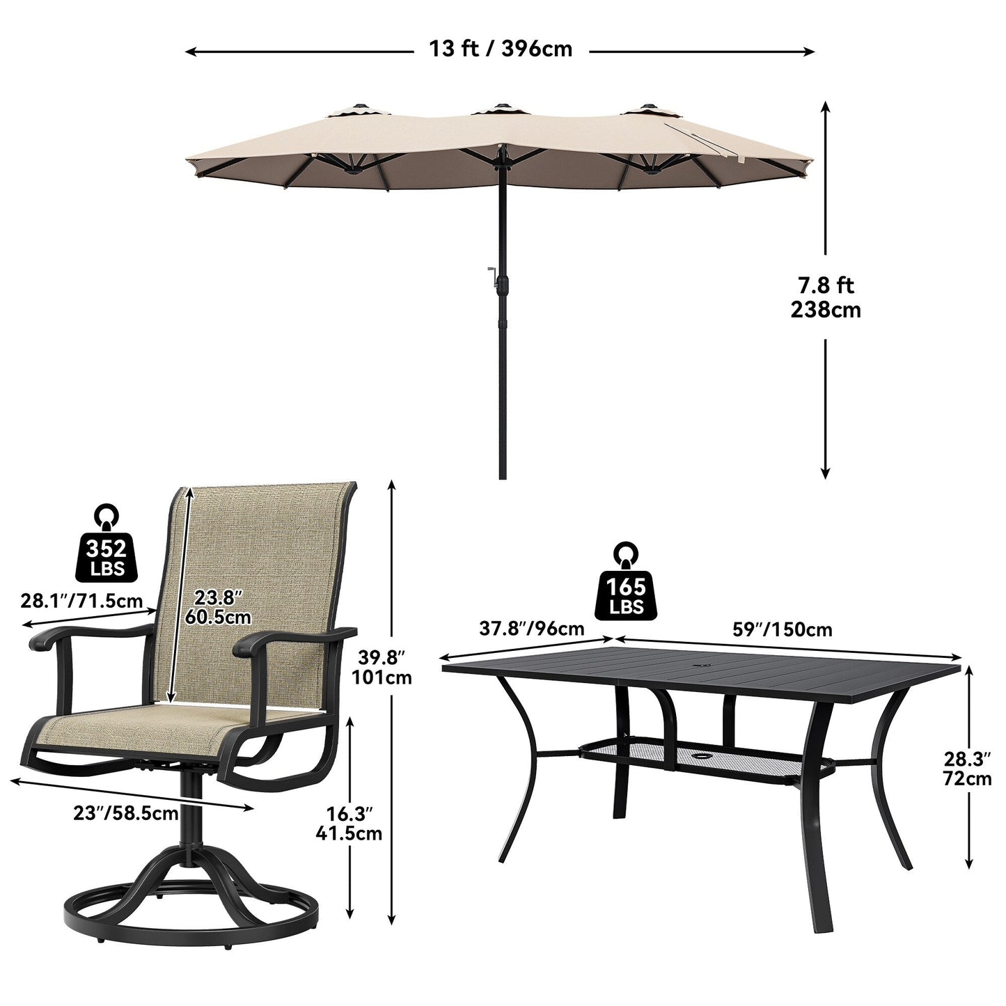 5/7/9 PCS Outdoor Dining Sets with 28W Textilene Swivel Chairs, Table