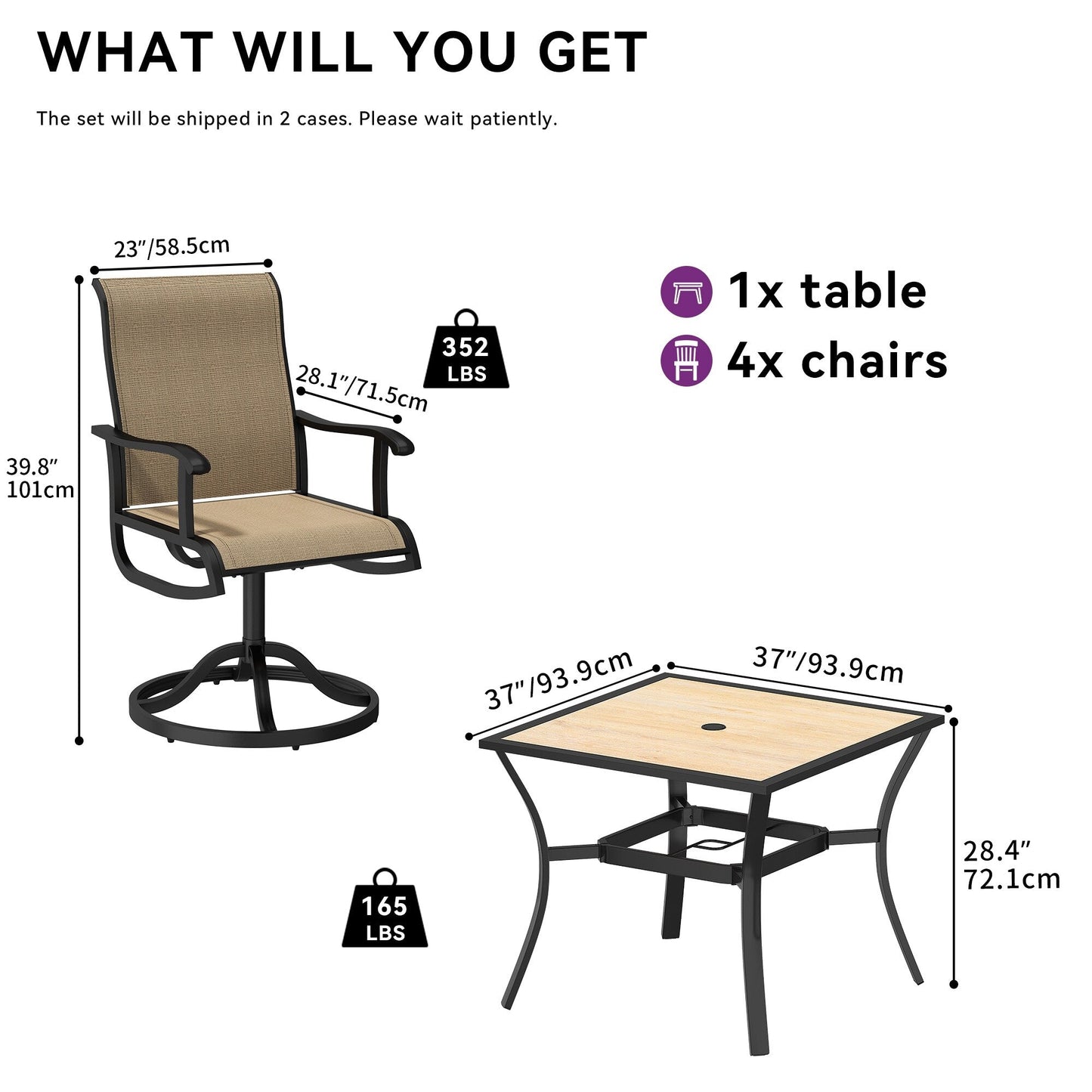 5/7/9 PCS Outdoor Dining Sets with 28W Textilene Swivel Chairs, Table