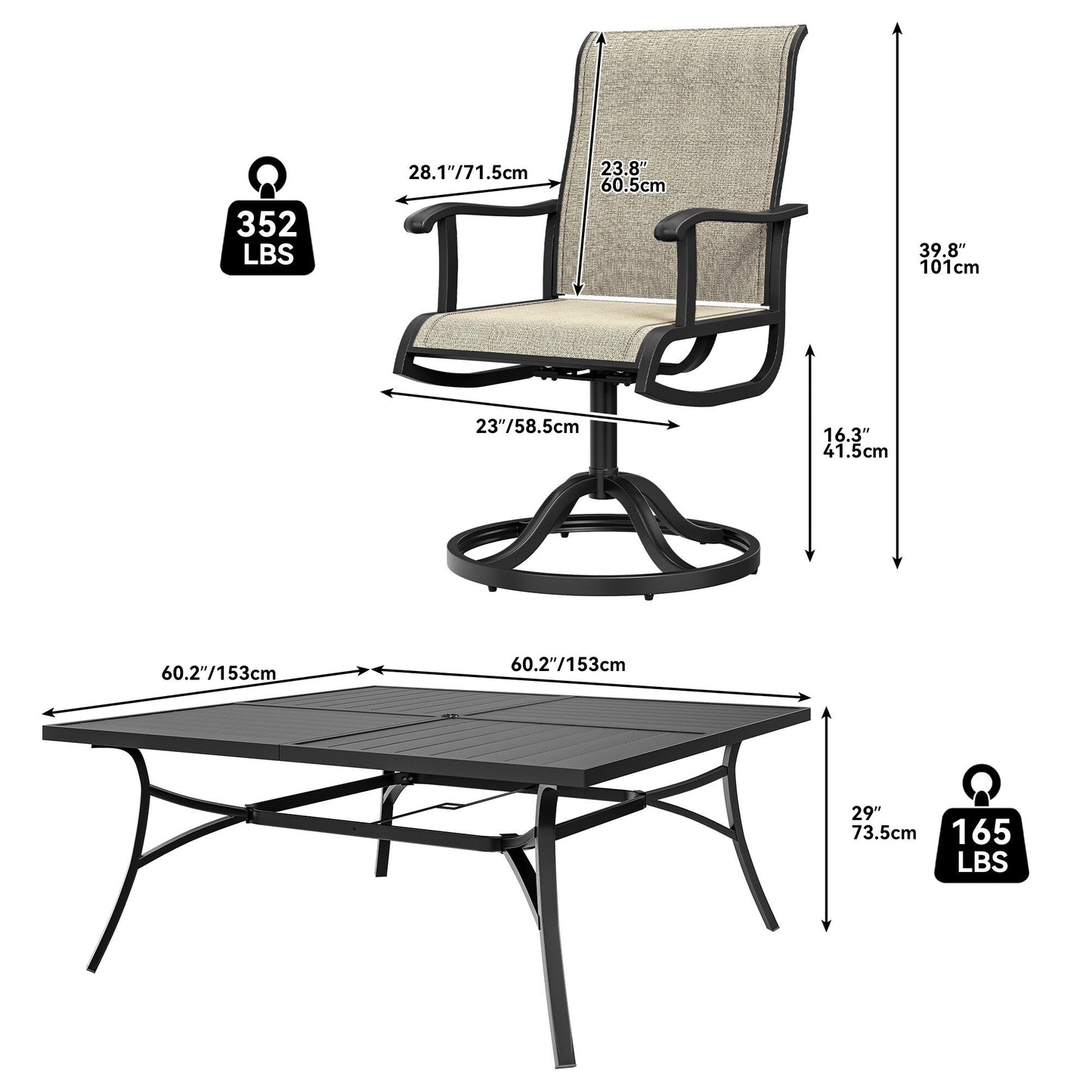 5/7/9 PCS Outdoor Dining Sets with 28W Textilene Swivel Chairs, Table