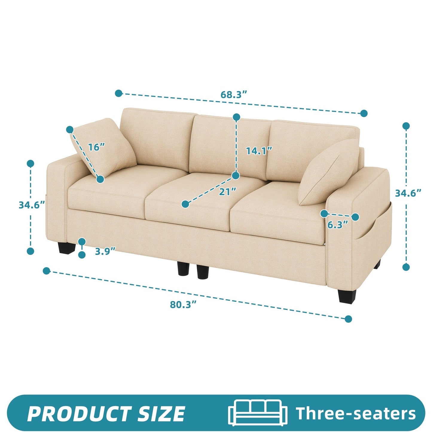 Moasis 80 3-seater Upholstered Sofa 2 Pillows Couches with Side Pockets for Living Room