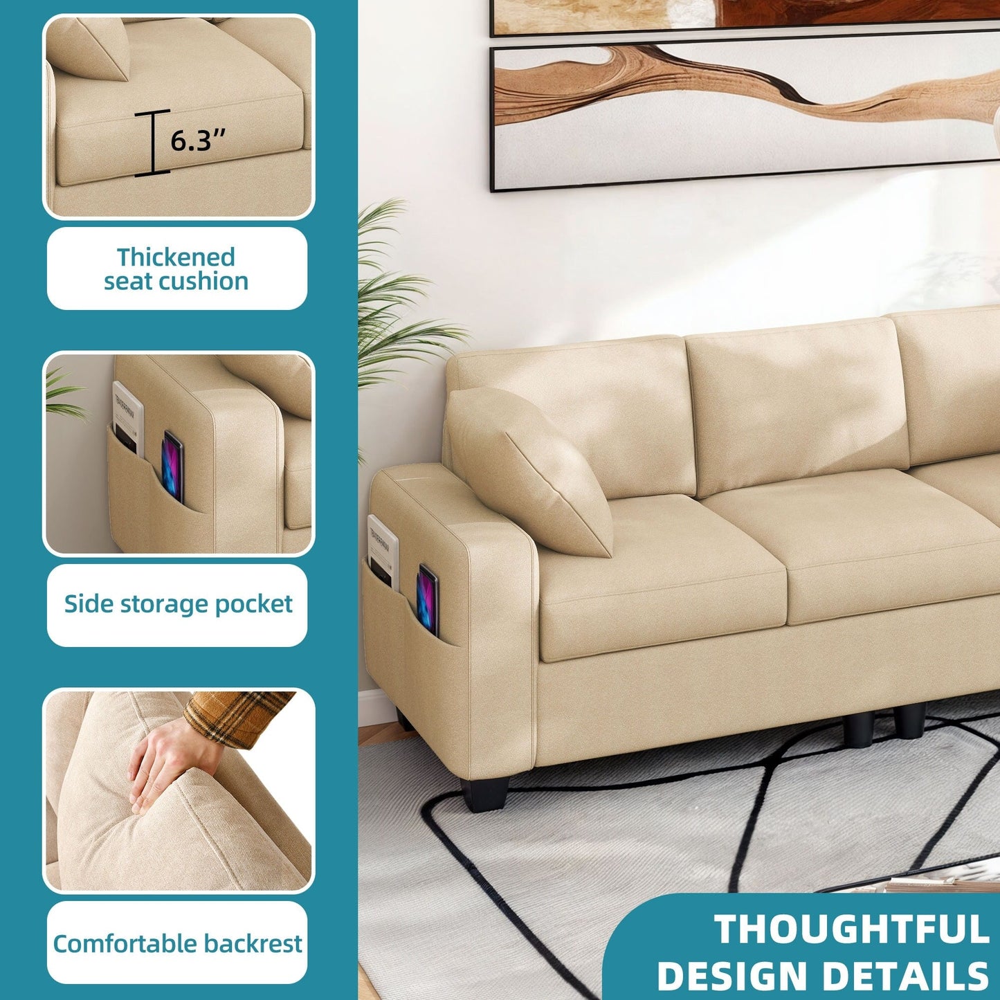 Moasis 80 3-seater Upholstered Sofa 2 Pillows Couches with Side Pockets for Living Room