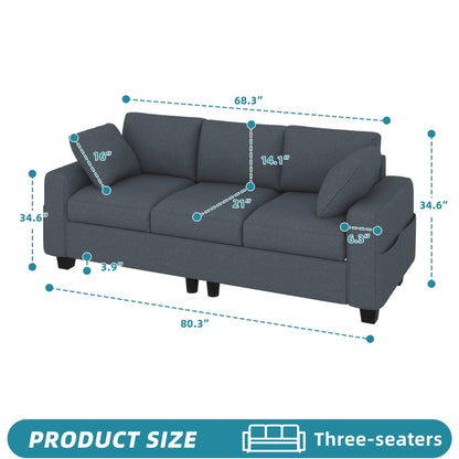 Moasis 80 3-seater Upholstered Sofa 2 Pillows Couches with Side Pockets for Living Room