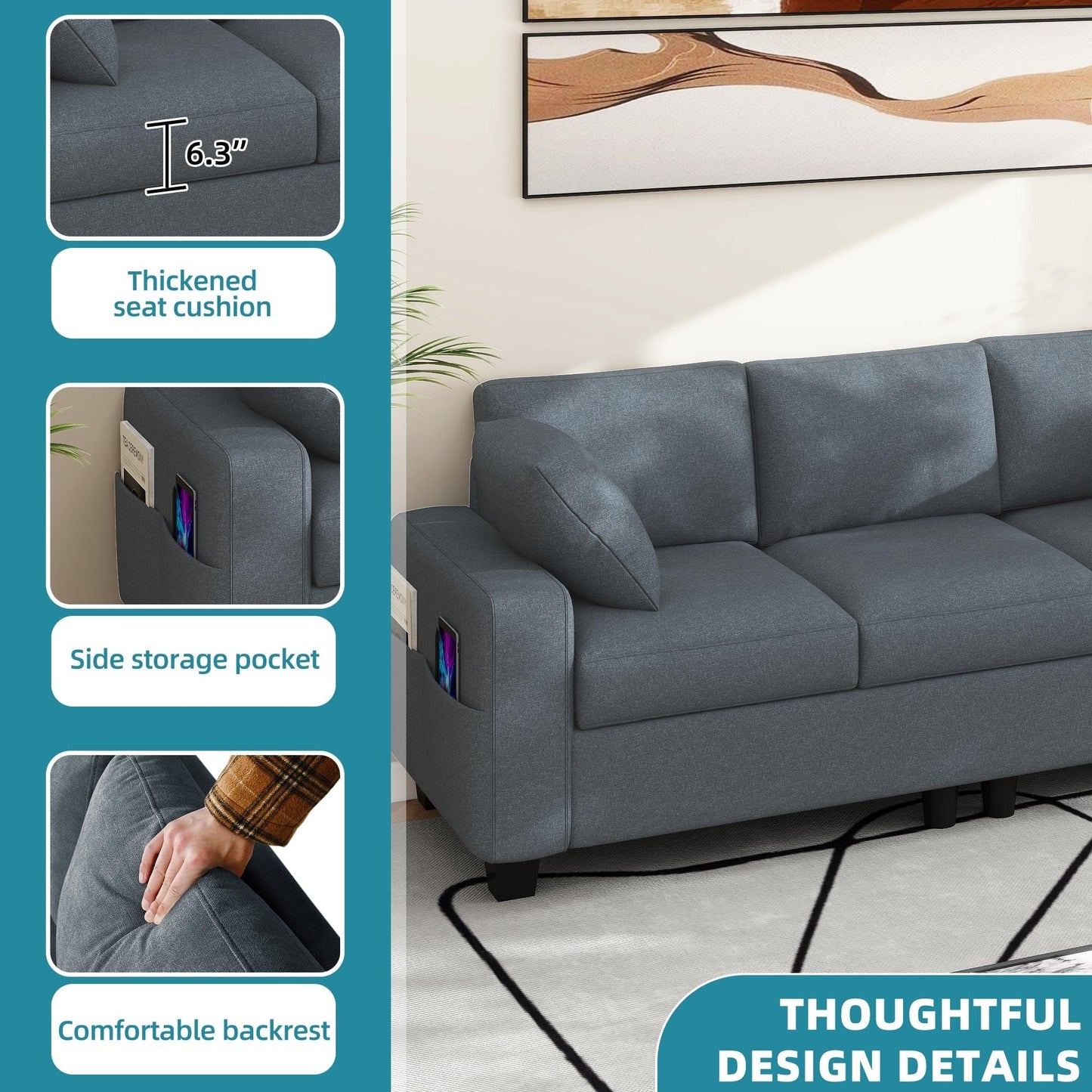 Moasis 80 3-seater Upholstered Sofa 2 Pillows Couches with Side Pockets for Living Room