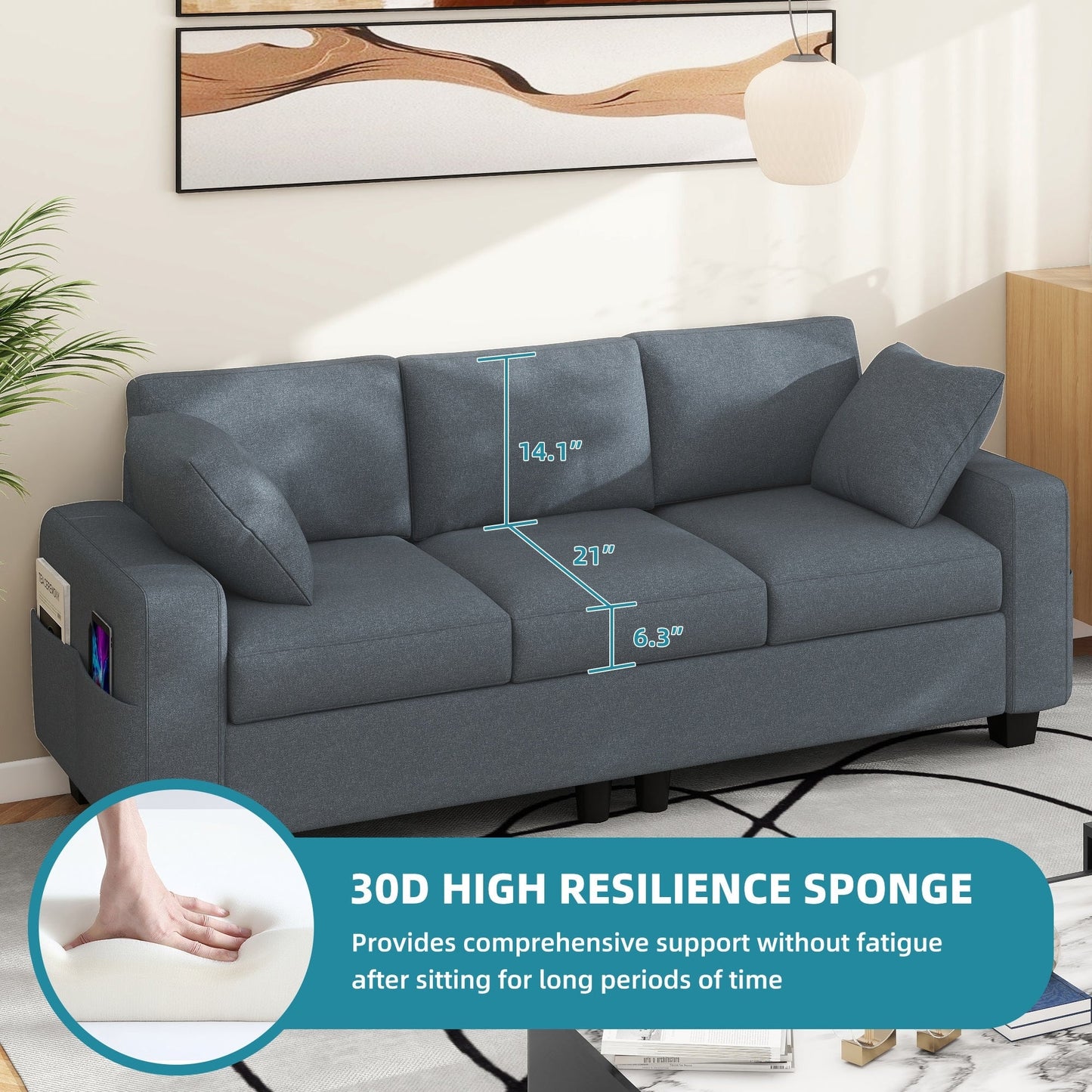 Moasis 80 3-seater Upholstered Sofa 2 Pillows Couches with Side Pockets for Living Room