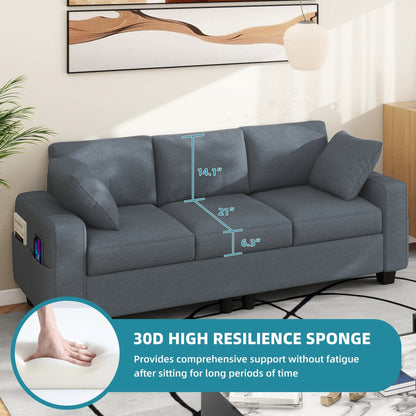Moasis 80 3-seater Upholstered Sofa 2 Pillows Couches with Side Pockets for Living Room