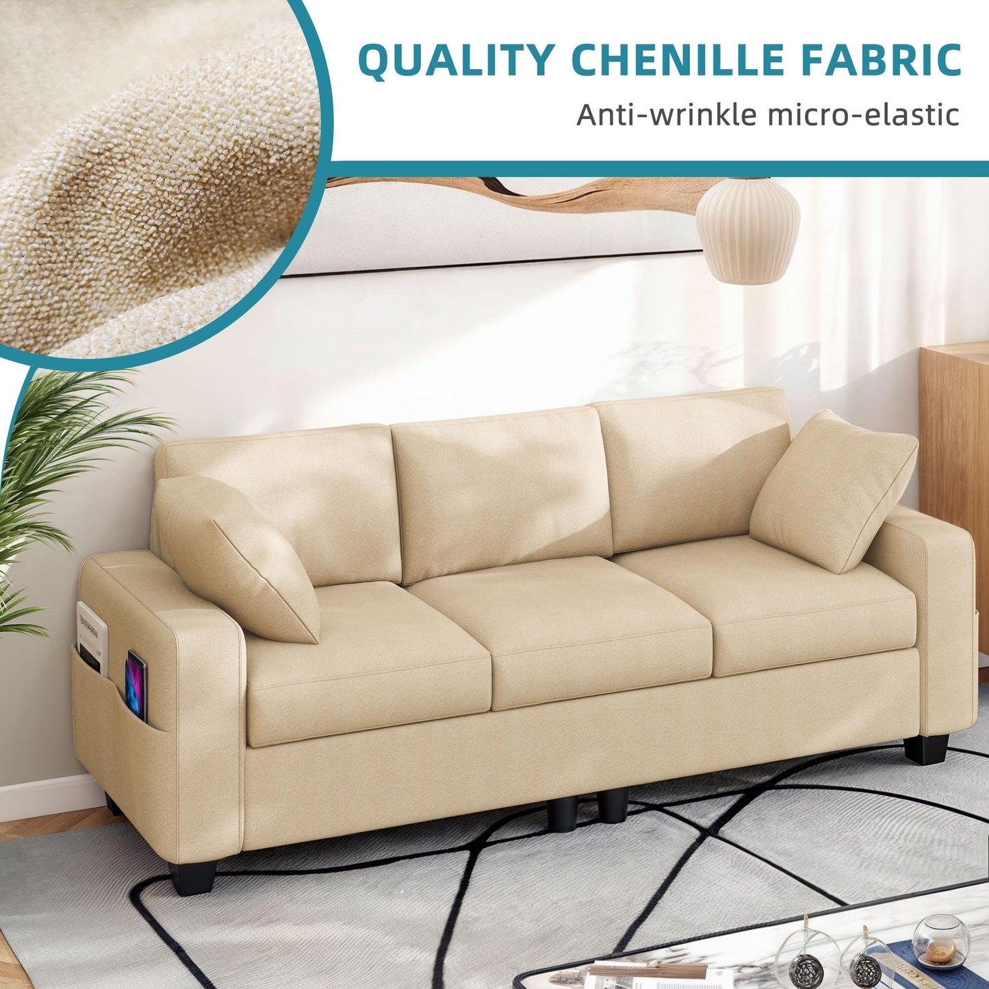 Moasis 80 3-seater Upholstered Sofa 2 Pillows Couches with Side Pockets for Living Room