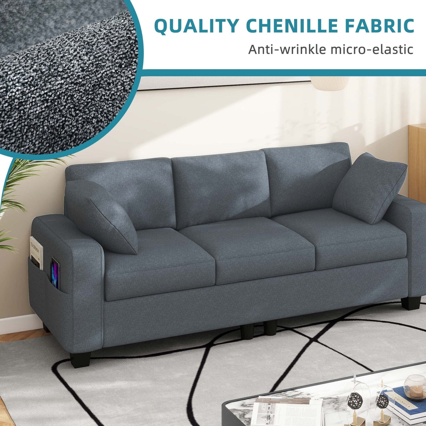 Moasis 80 3-seater Upholstered Sofa 2 Pillows Couches with Side Pockets for Living Room
