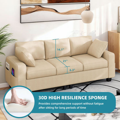 Moasis 80 3-seater Upholstered Sofa 2 Pillows Couches with Side Pockets for Living Room