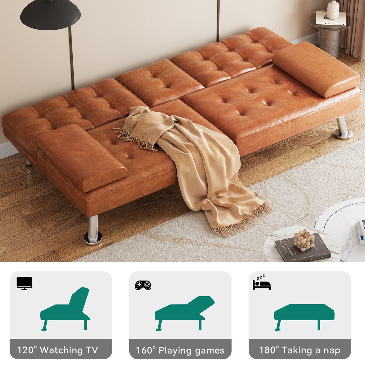 Moasis Modern Loveseat Convertible Sofa Bed PVC Leather Fabric Sofa - 64Lx30Wx26H