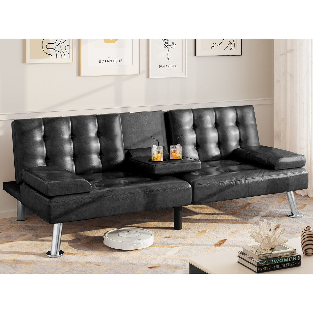 Moasis Modern Loveseat Convertible Sofa Bed PVC Leather Fabric Sofa - 64Lx30Wx26H