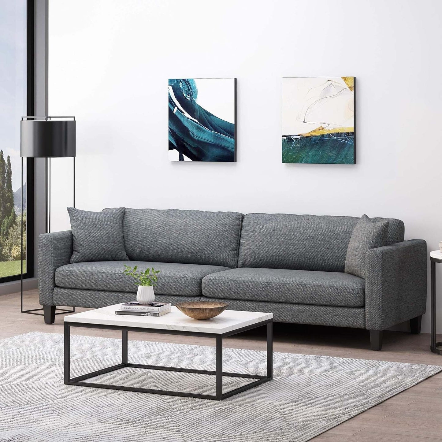 Modern 101 3-seater Sofa with Wood Legs and Two Pillows for Living Room
