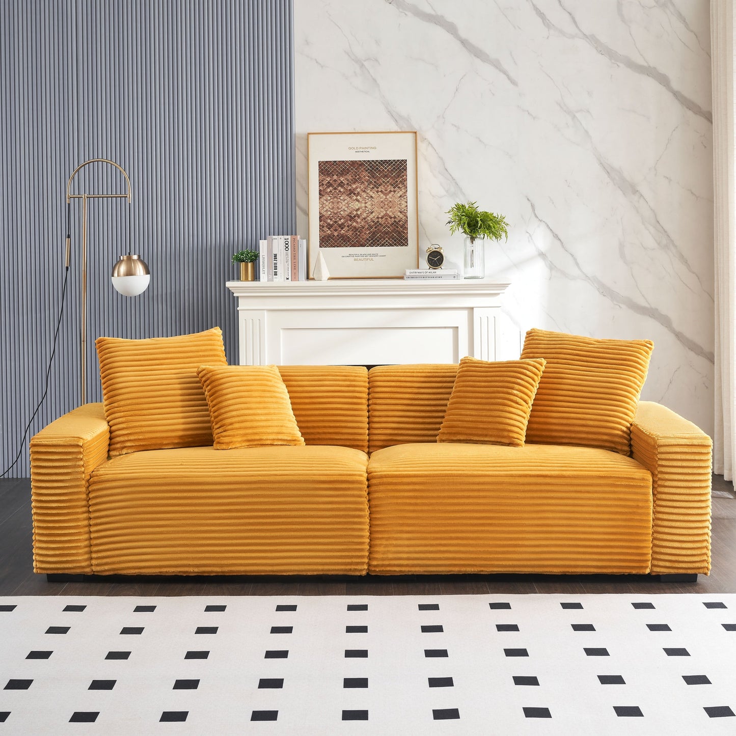 Modern 104.72 Corduroy 4-seat Sofa with 4 Throw Pillows for Living Room