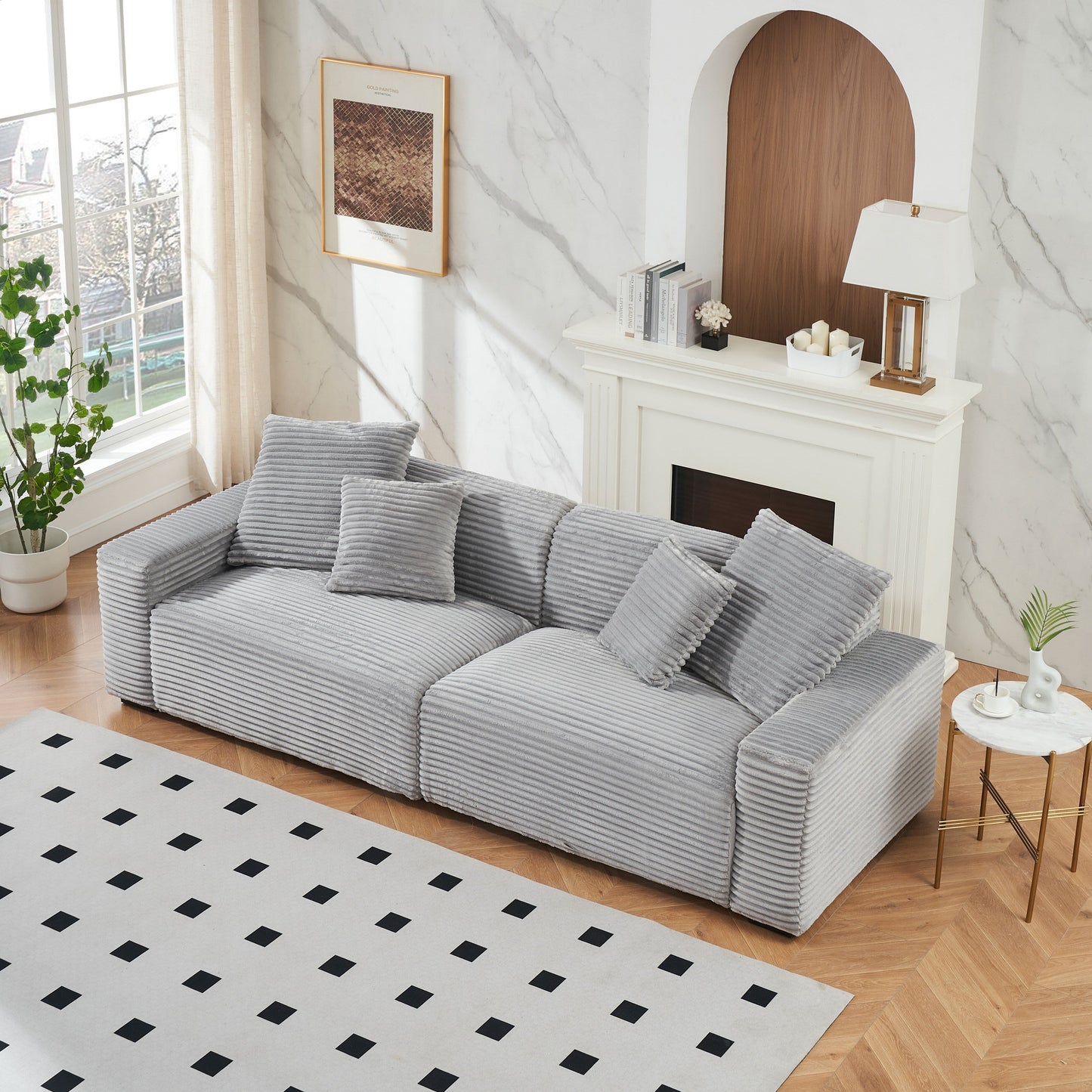 Modern 104.72 Corduroy 4-seat Sofa with 4 Throw Pillows for Living Room