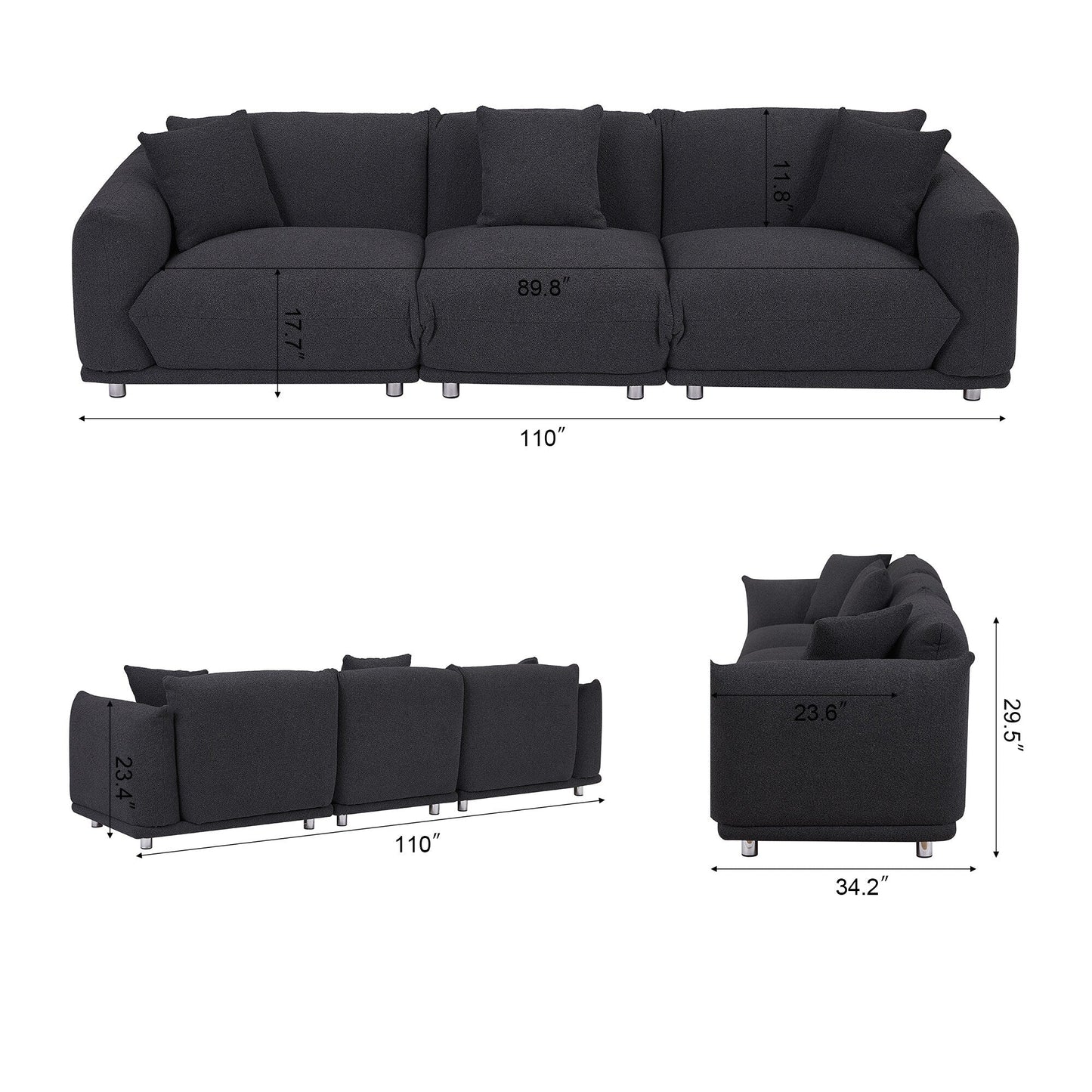 Modern 111 Oversized 3-seater Sofa with Metal Legs and Solid Wood Frame for Living Room