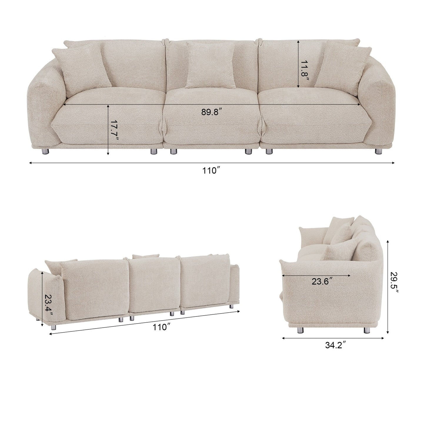 Modern 111 Oversized 3-seater Sofa with Metal Legs and Solid Wood Frame for Living Room