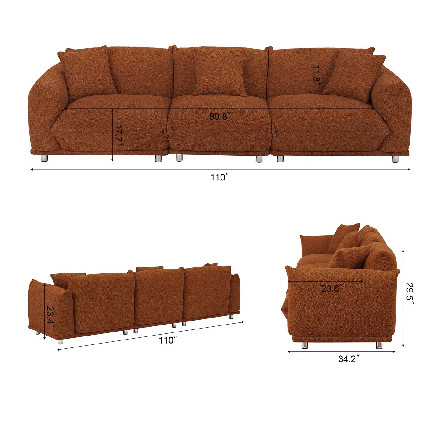 Modern 111 Oversized 3-seater Sofa with Metal Legs and Solid Wood Frame for Living Room