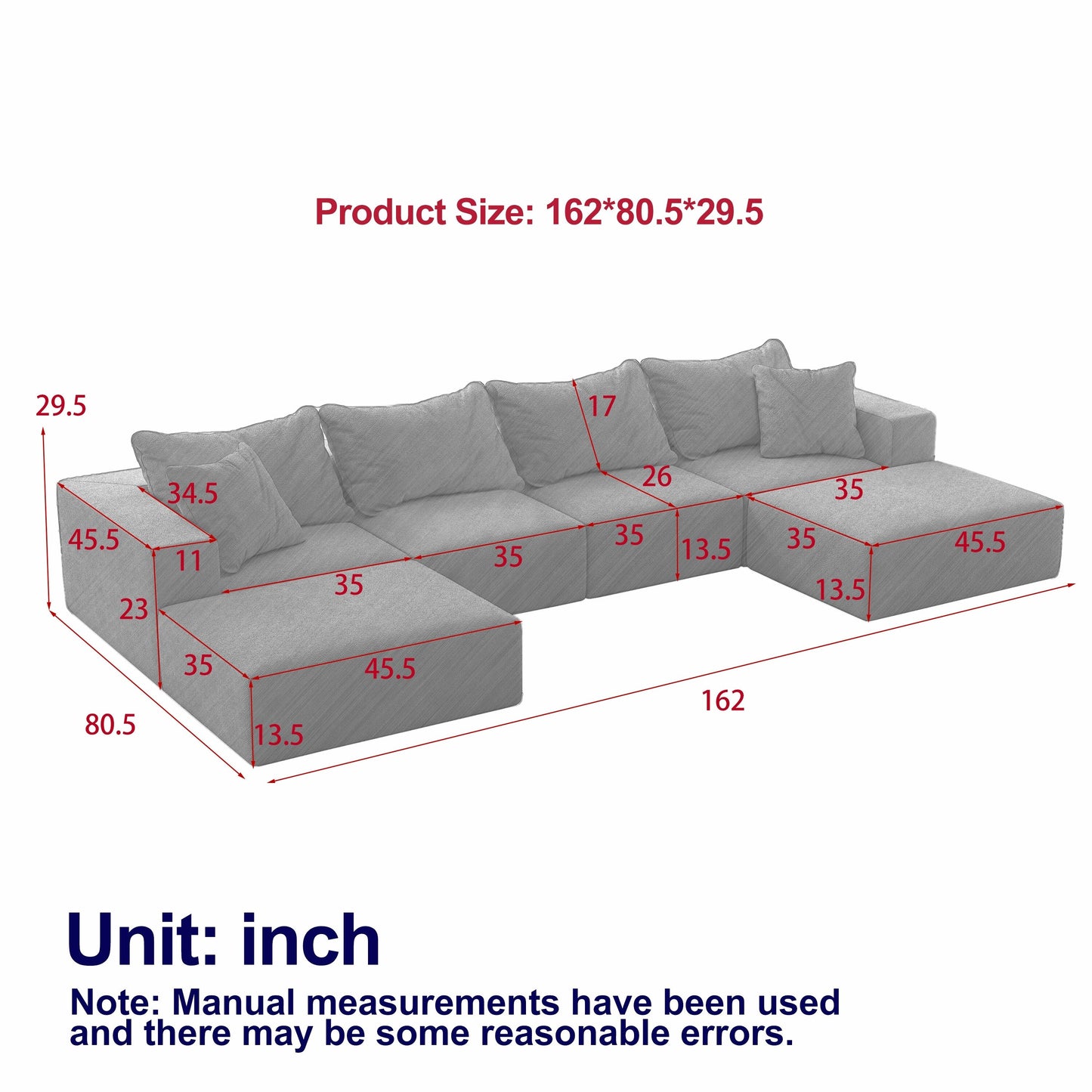 Modern 162-Inch Modular L-Shaped Sectional Sofa Set Free Combination Sofa Couch with 6 Pillows for Living Room Bedroom