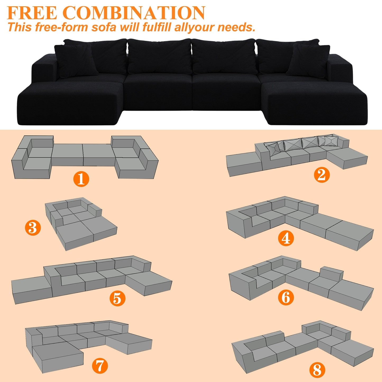 Modern 162-Inch Modular L-Shaped Sectional Sofa Set Free Combination Sofa Couch with 6 Pillows for Living Room Bedroom
