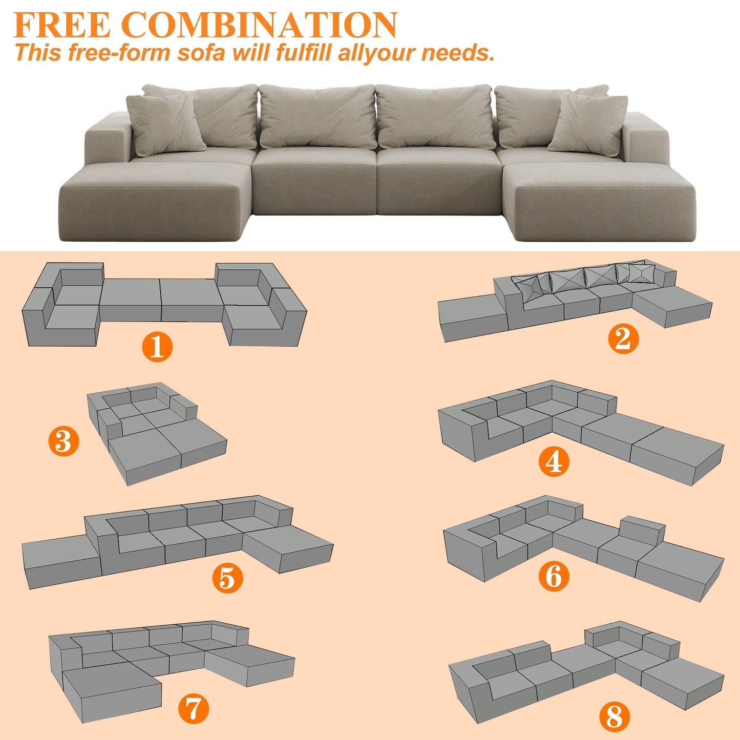 Modern 162-Inch Modular L-Shaped Sectional Sofa Set Free Combination Sofa Couch with 6 Pillows for Living Room Bedroom