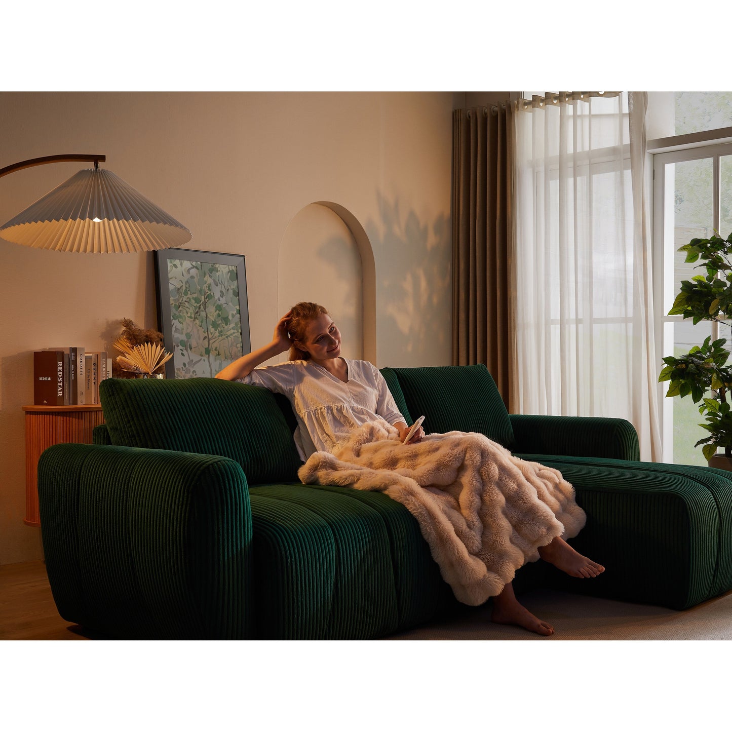 Modern 3 Seat Corduroy L-Shaped Couch, Convertible Sectional Sofa for Living Room and Apartment