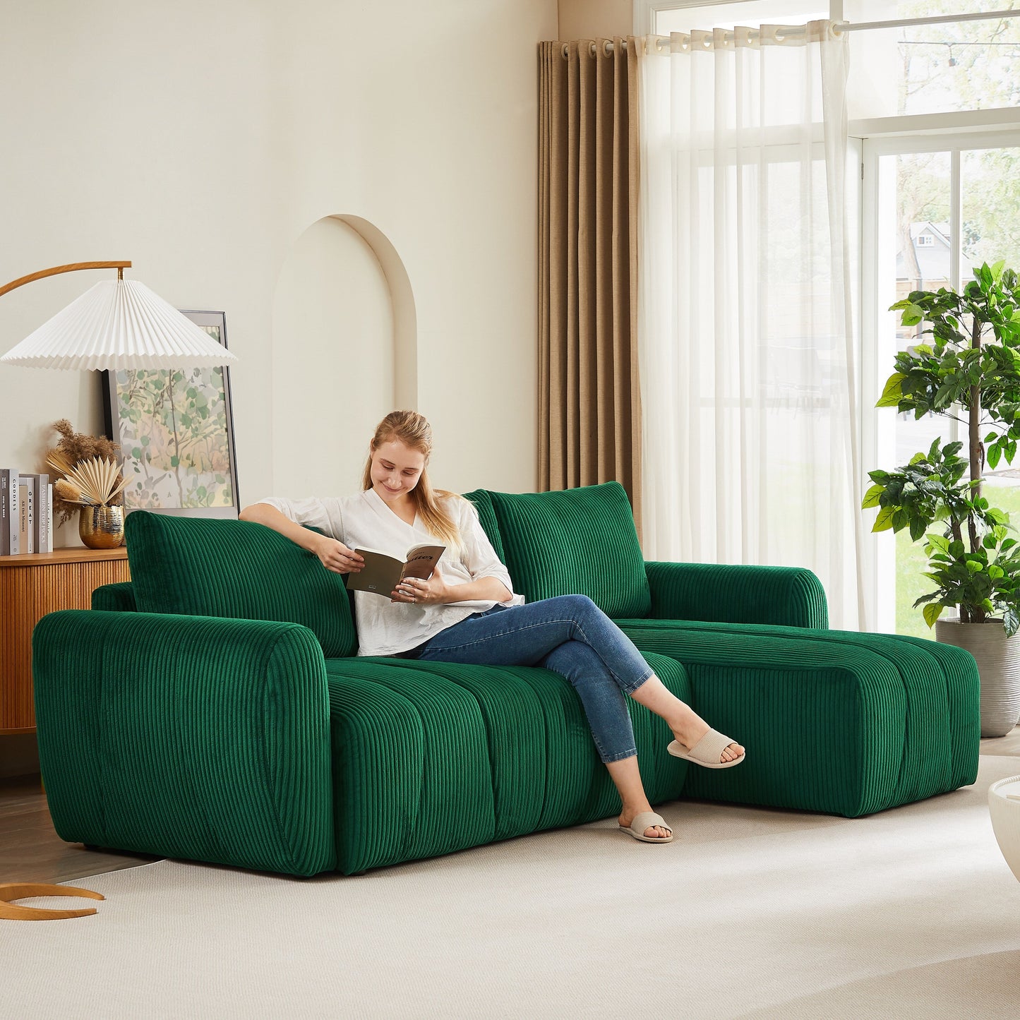 Modern 3 Seat Corduroy L-Shaped Couch, Convertible Sectional Sofa for Living Room and Apartment