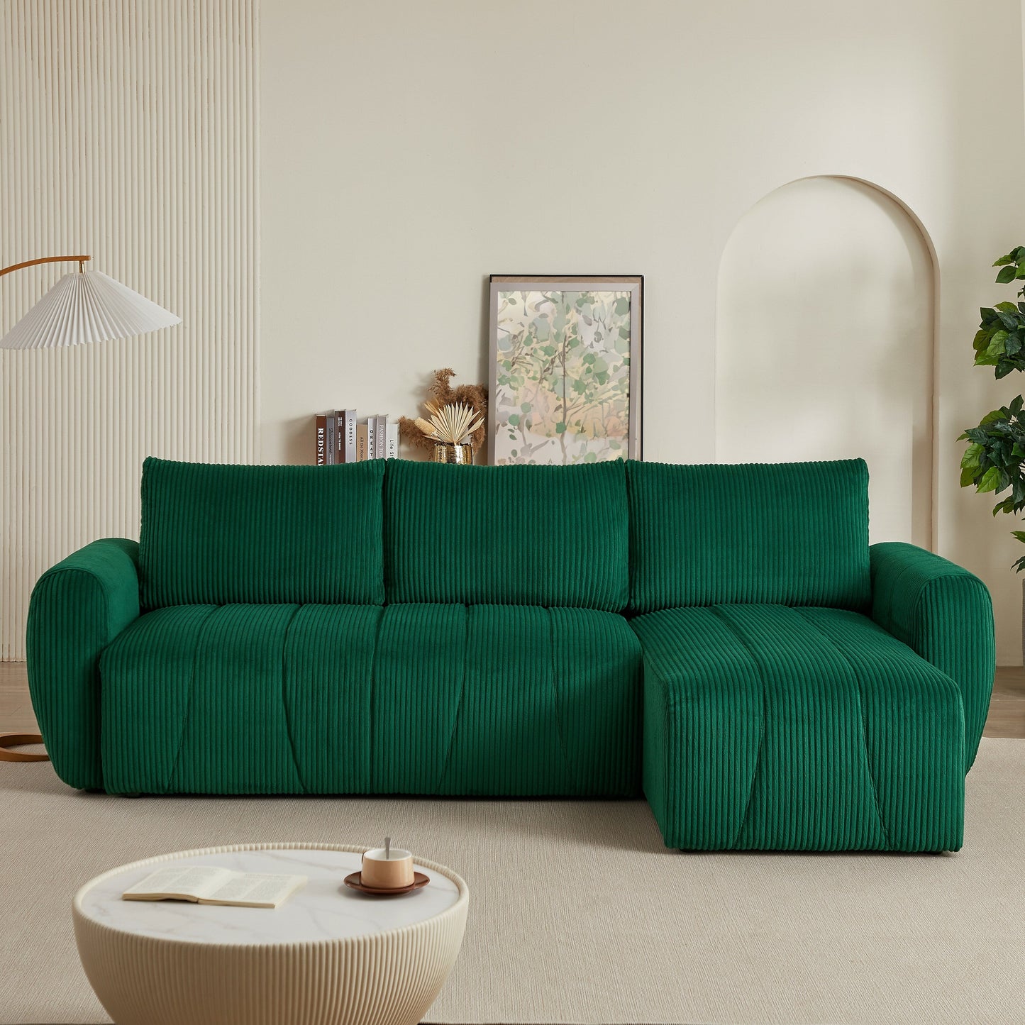 Modern 3 Seat Corduroy L-Shaped Couch, Convertible Sectional Sofa for Living Room and Apartment