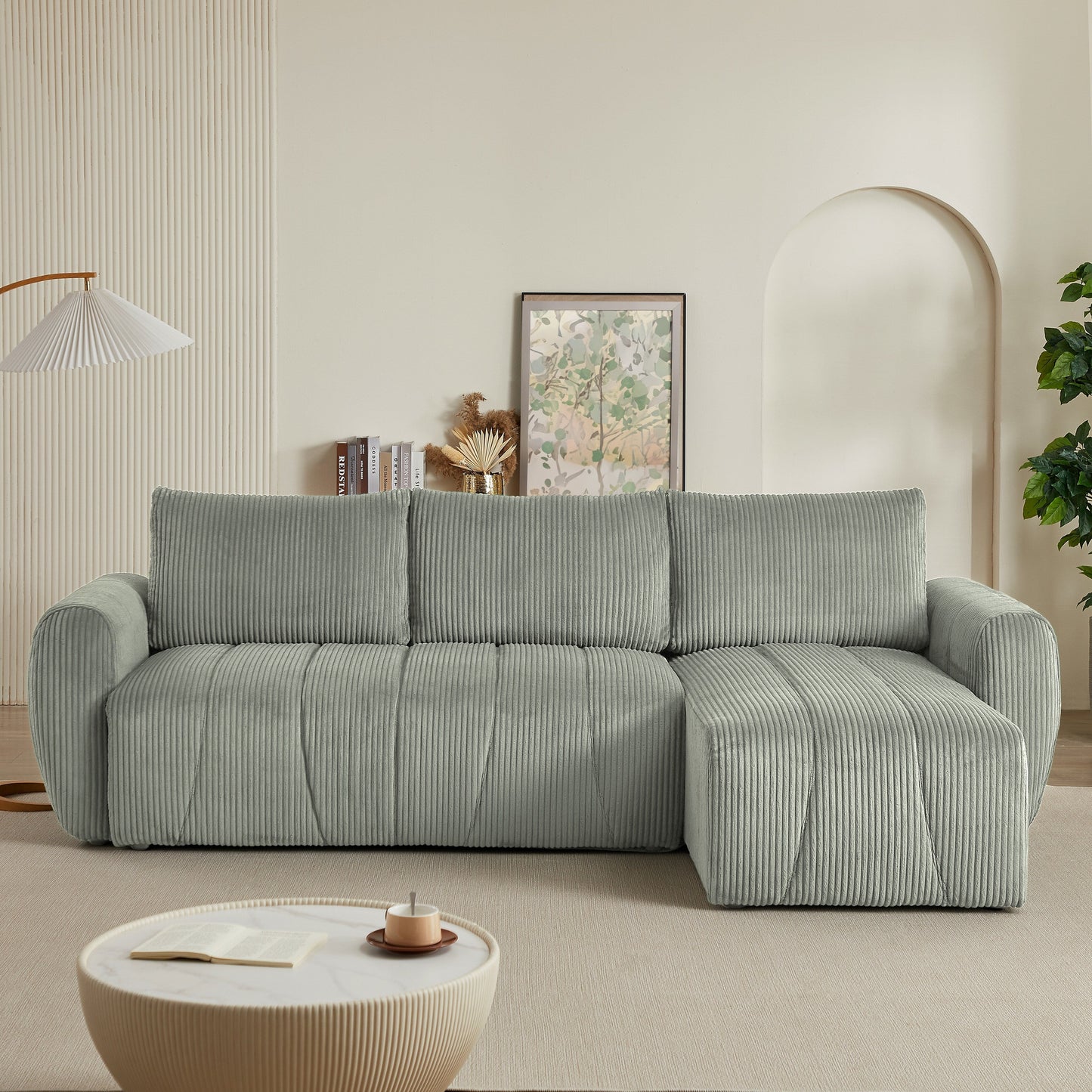 Modern 3 Seat Corduroy L-Shaped Couch, Convertible Sectional Sofa for Living Room and Apartment