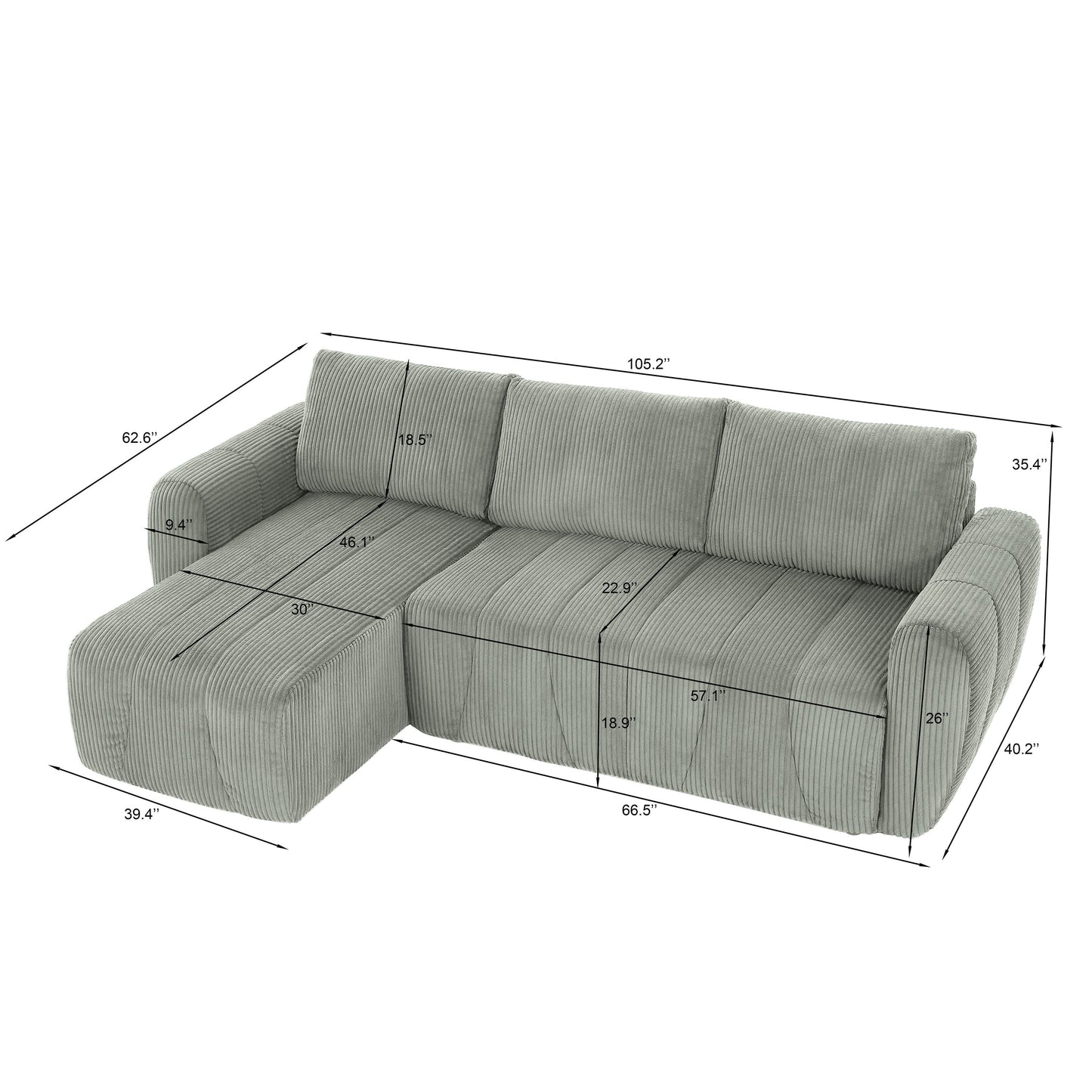 Modern 3 Seat Corduroy L-Shaped Couch, Convertible Sectional Sofa for Living Room and Apartment