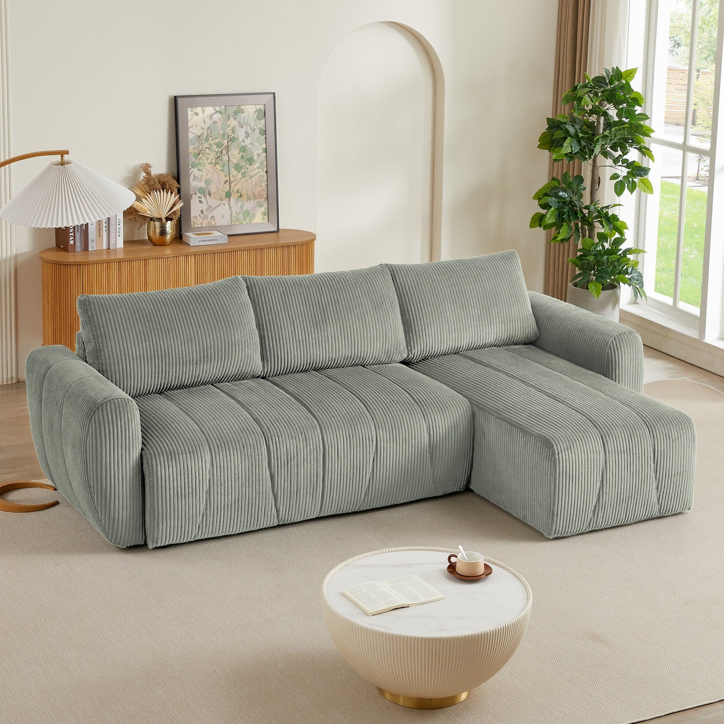 Modern 3 Seat Corduroy L-Shaped Couch, Convertible Sectional Sofa for Living Room and Apartment