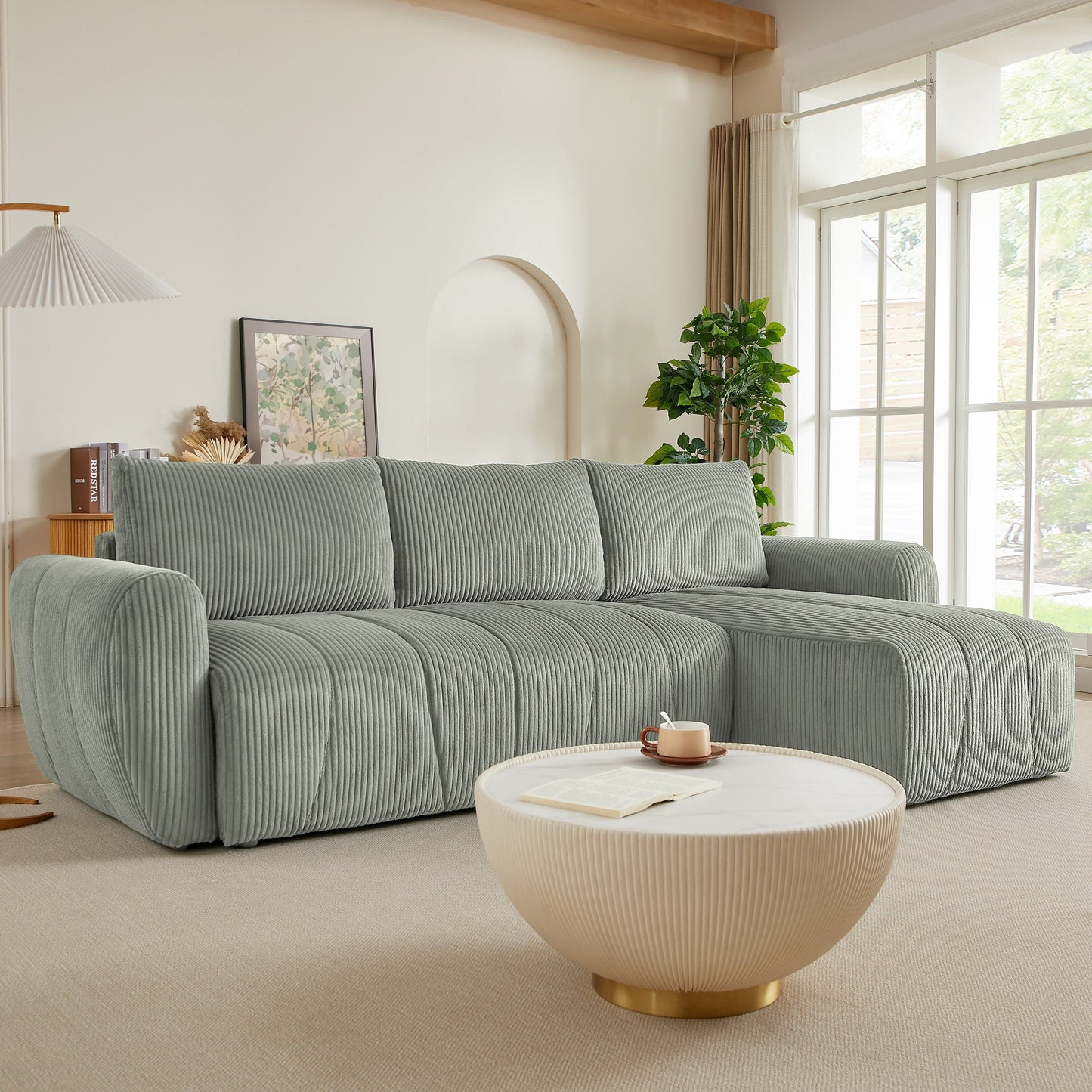 Modern 3 Seat Corduroy L-Shaped Couch, Convertible Sectional Sofa for Living Room and Apartment