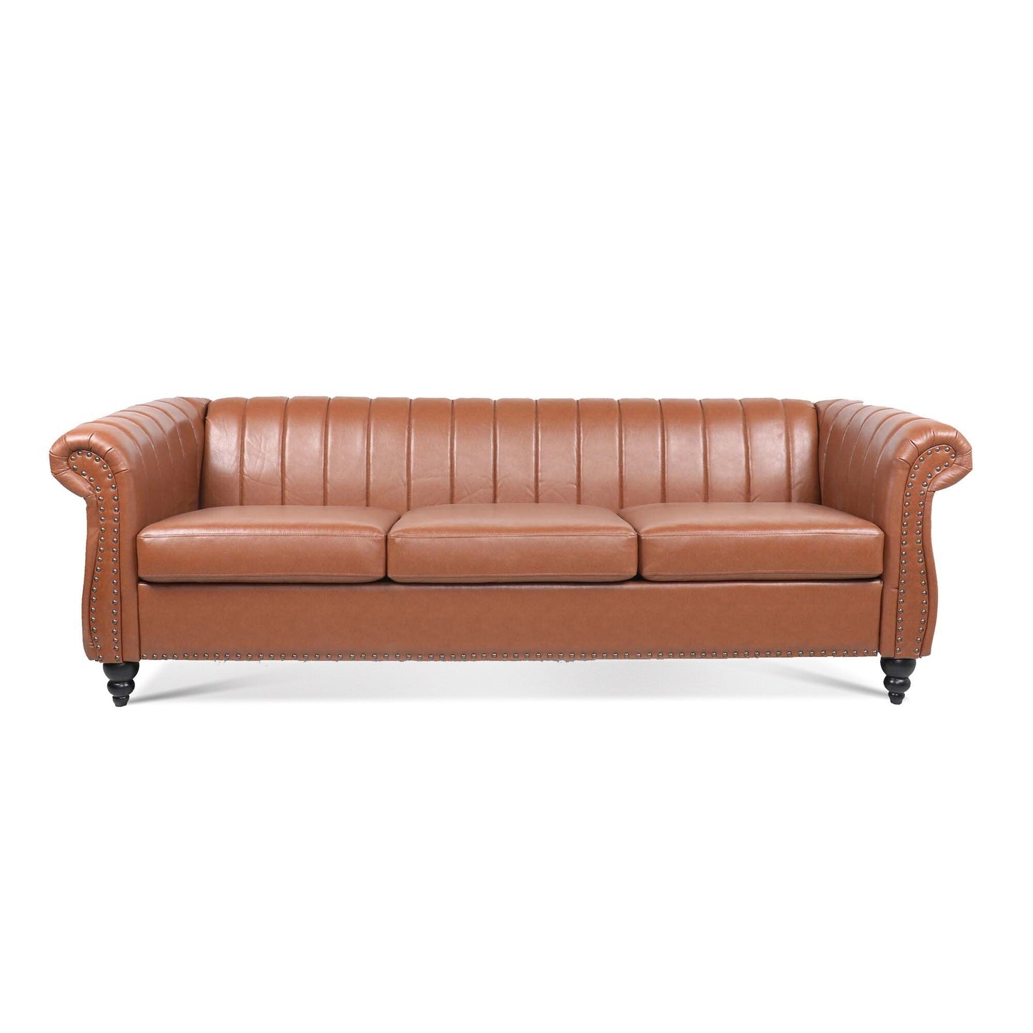Modern 3 Seat Upholstered Couch, 83.46 PU Leather Rolled Arm Chesterfield Sofa for Living Room and Apartment
