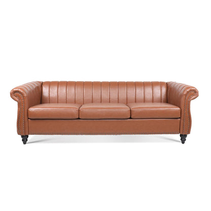 Modern 3 Seat Upholstered Couch, 83.46 PU Leather Rolled Arm Chesterfield Sofa for Living Room and Apartment