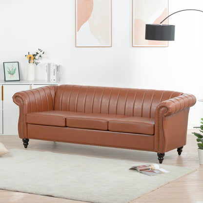 Modern 3 Seat Upholstered Couch, 83.46 PU Leather Rolled Arm Chesterfield Sofa for Living Room and Apartment