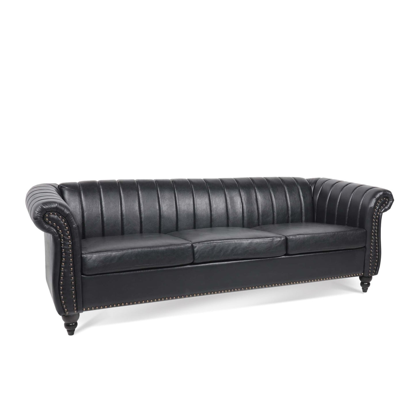 Modern 3 Seat Upholstered Couch, 83.46 PU Leather Rolled Arm Chesterfield Sofa for Living Room and Apartment
