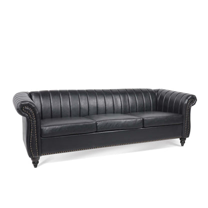 Modern 3 Seat Upholstered Couch, 83.46 PU Leather Rolled Arm Chesterfield Sofa for Living Room and Apartment