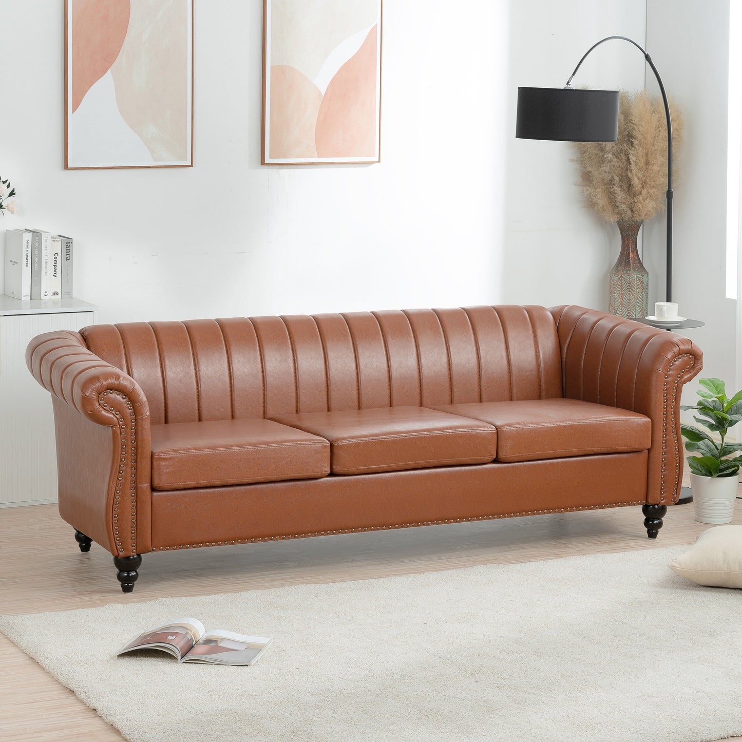Modern 3 Seat Upholstered Couch, 83.46 PU Leather Rolled Arm Chesterfield Sofa for Living Room and Apartment