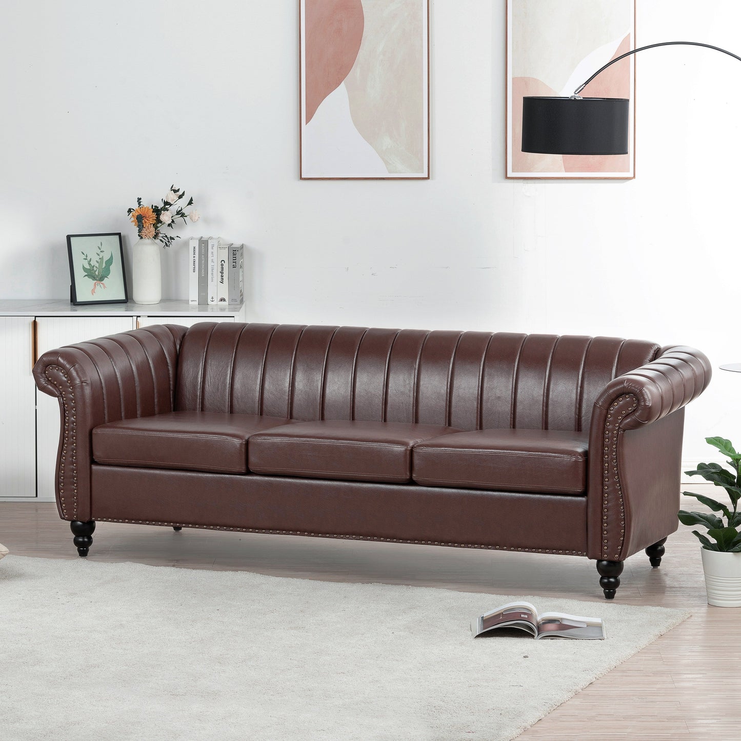 Modern 3 Seat Upholstered Couch, 83.46 PU Leather Rolled Arm Chesterfield Sofa for Living Room and Apartment