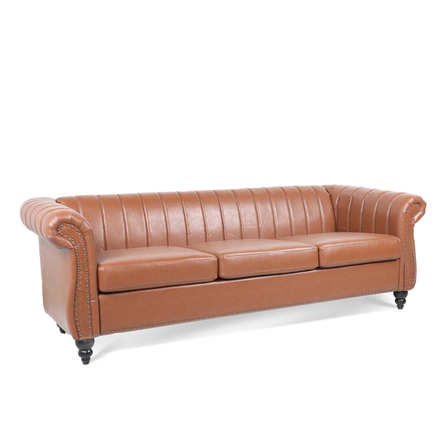 Modern 3 Seat Upholstered Couch, 83.46 PU Leather Rolled Arm Chesterfield Sofa for Living Room and Apartment