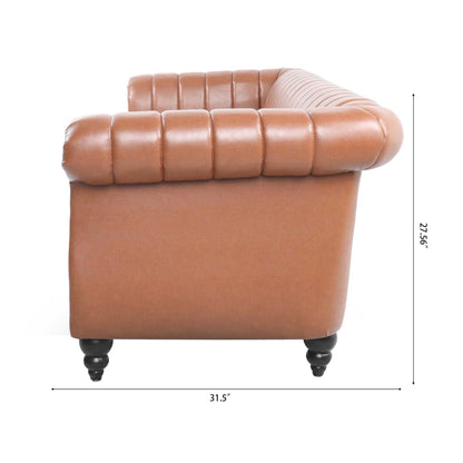 Modern 3 Seat Upholstered Couch, 83.46 PU Leather Rolled Arm Chesterfield Sofa for Living Room and Apartment