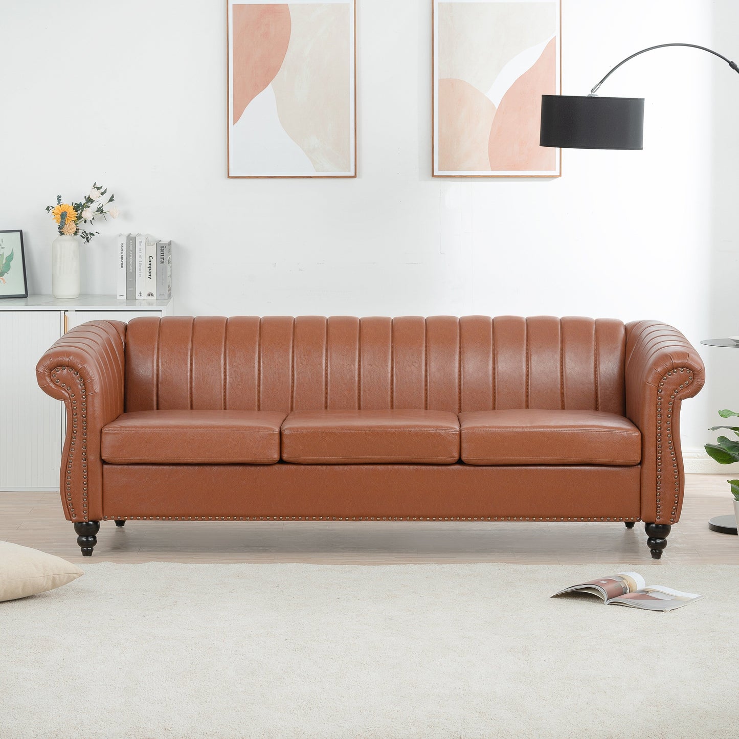 Modern 3 Seat Upholstered Couch, 83.46 PU Leather Rolled Arm Chesterfield Sofa for Living Room and Apartment