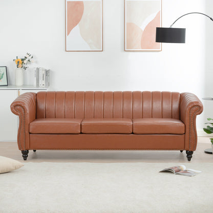 Modern 3 Seat Upholstered Couch, 83.46 PU Leather Rolled Arm Chesterfield Sofa for Living Room and Apartment