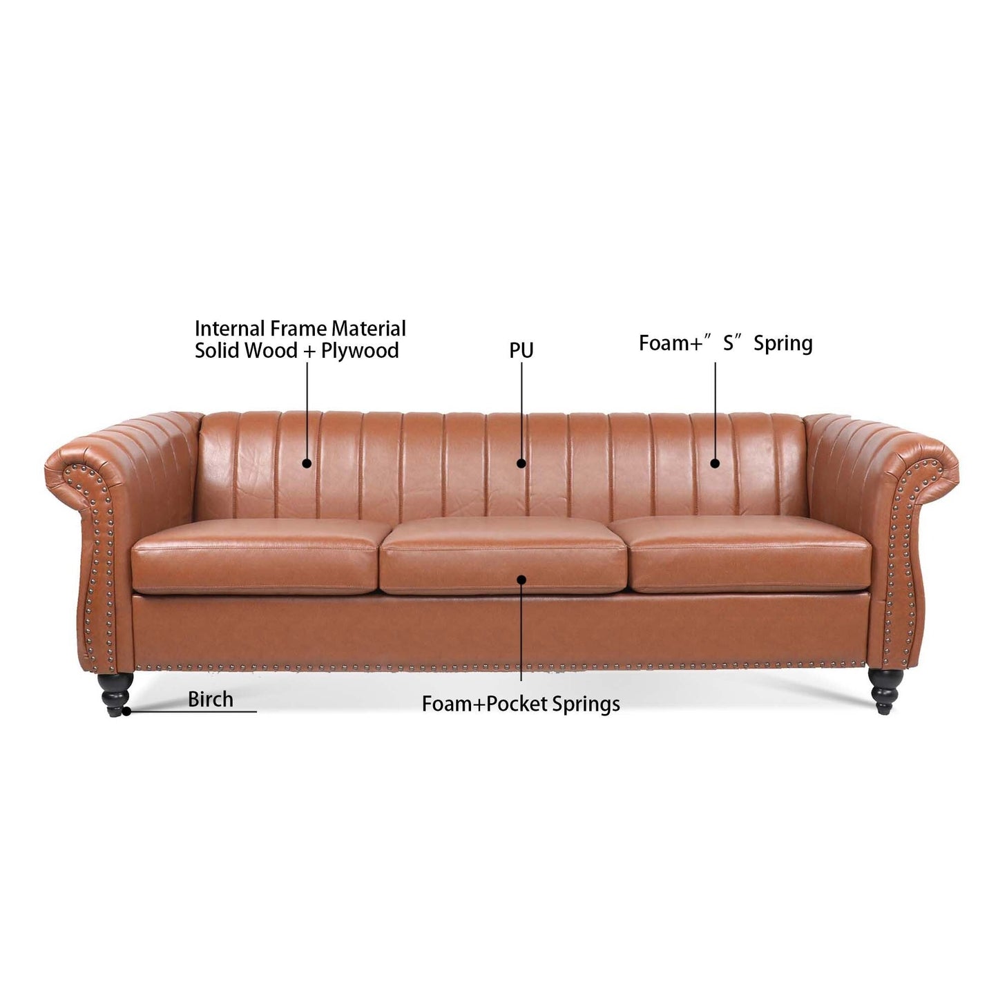 Modern 3 Seat Upholstered Couch, 83.46 PU Leather Rolled Arm Chesterfield Sofa for Living Room and Apartment