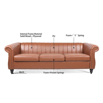 Modern 3 Seat Upholstered Couch, 83.46 PU Leather Rolled Arm Chesterfield Sofa for Living Room and Apartment