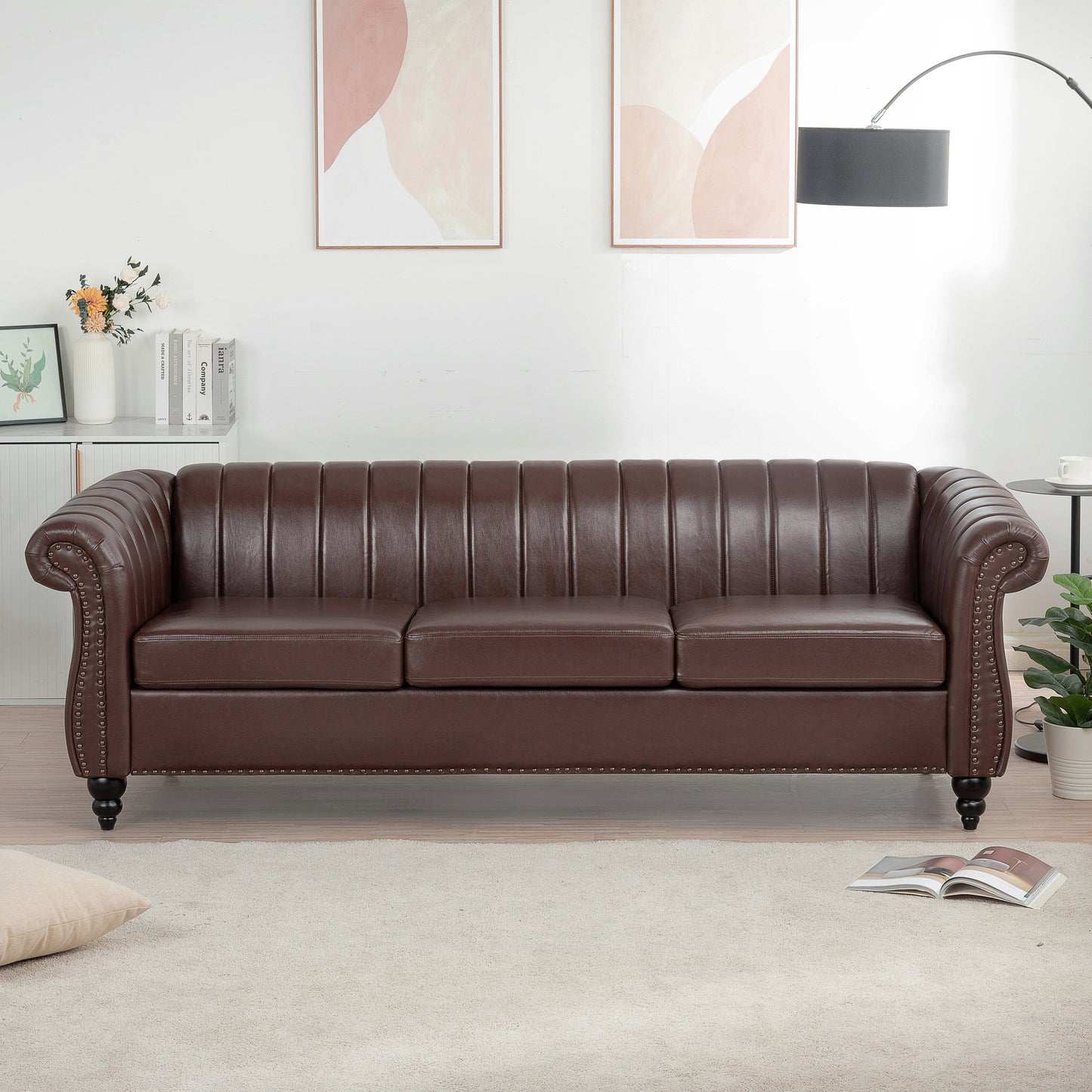Modern 3 Seat Upholstered Couch, 83.46 PU Leather Rolled Arm Chesterfield Sofa for Living Room and Apartment