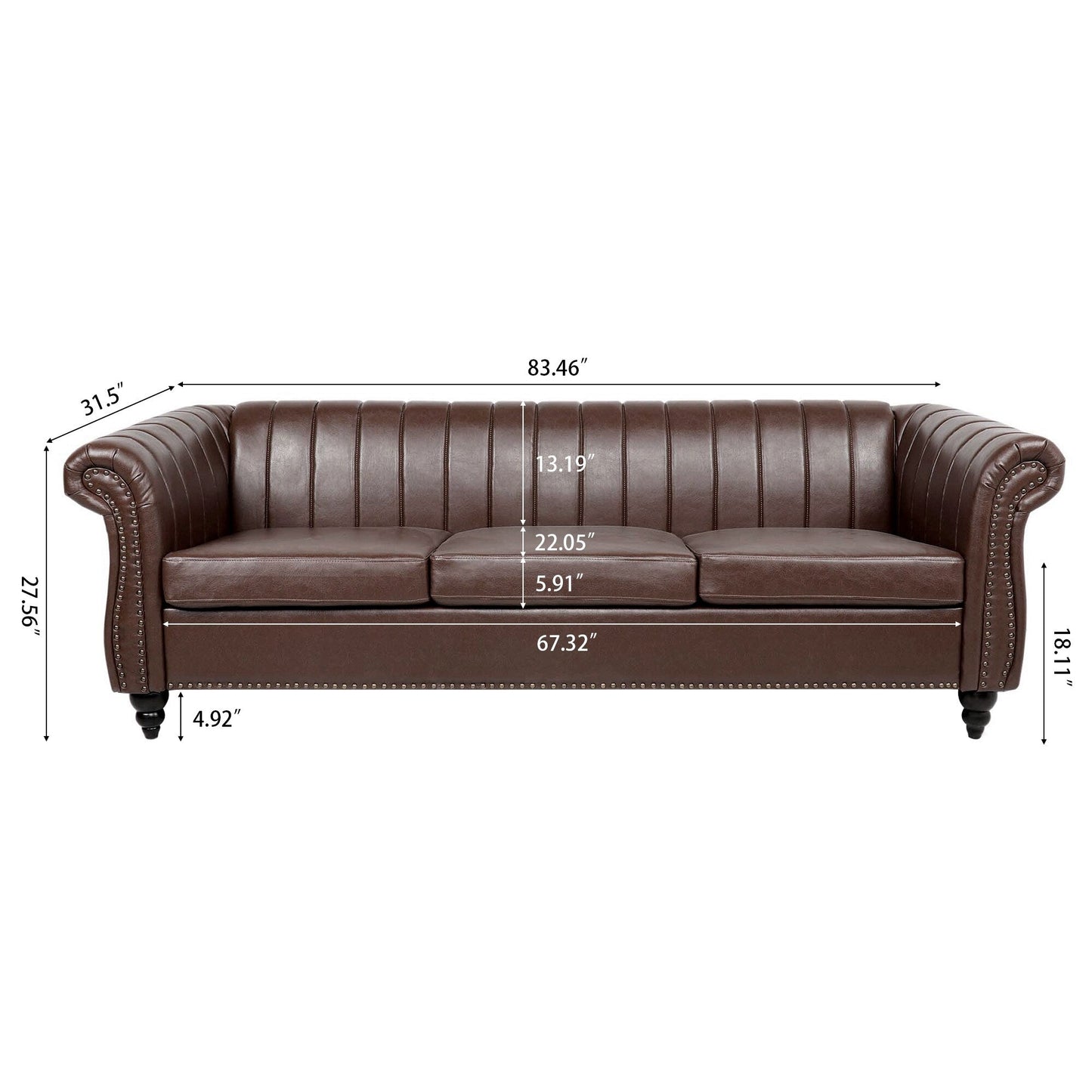 Modern 3 Seat Upholstered Couch, 83.46 PU Leather Rolled Arm Chesterfield Sofa for Living Room and Apartment