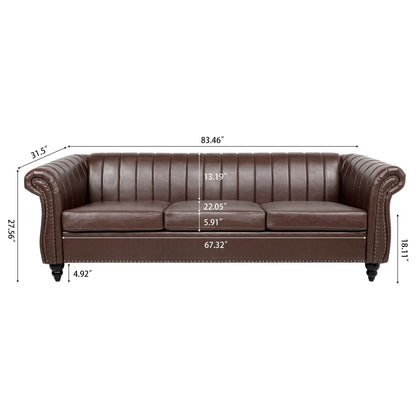 Modern 3 Seat Upholstered Couch, 83.46 PU Leather Rolled Arm Chesterfield Sofa for Living Room and Apartment
