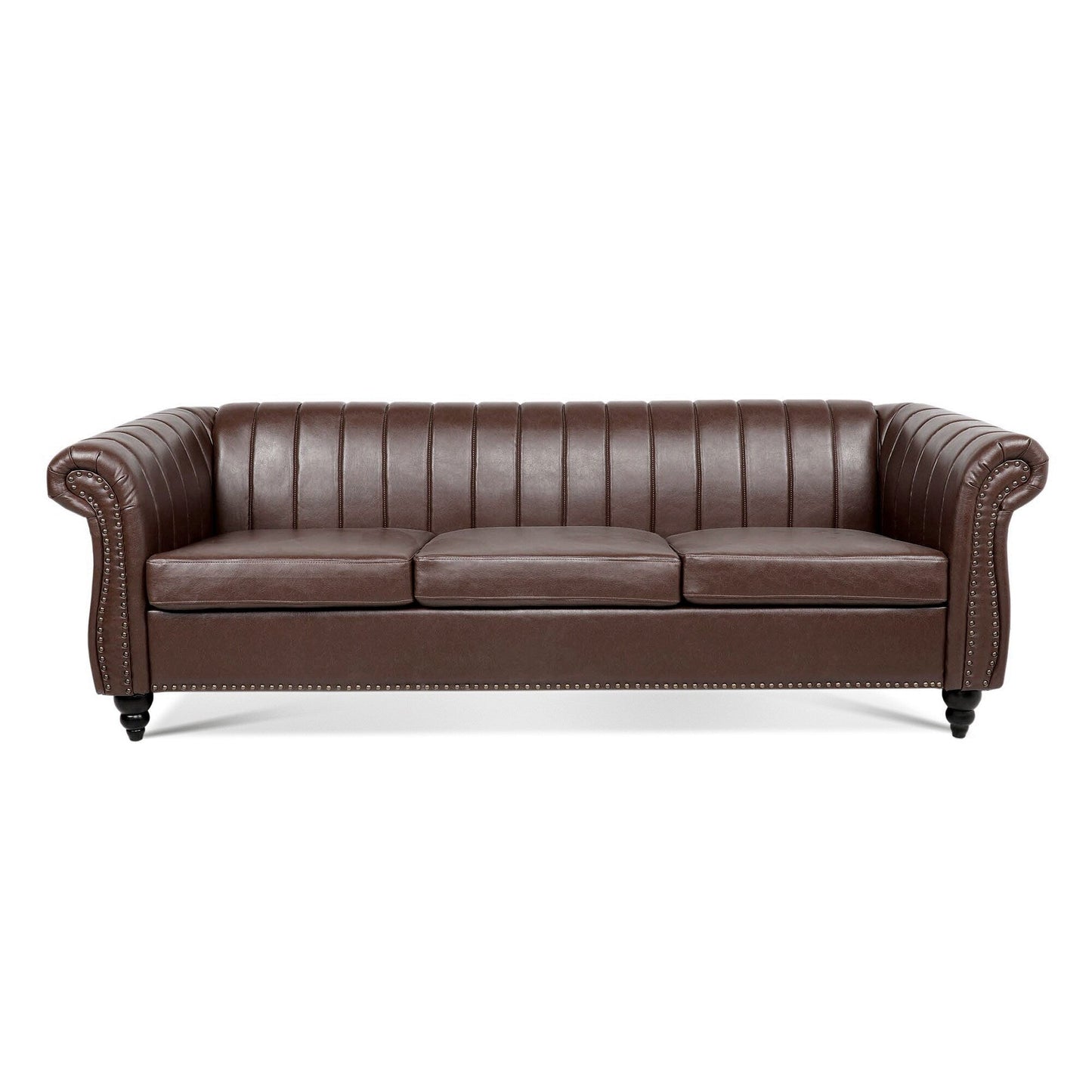 Modern 3 Seat Upholstered Couch, 83.46 PU Leather Rolled Arm Chesterfield Sofa for Living Room and Apartment