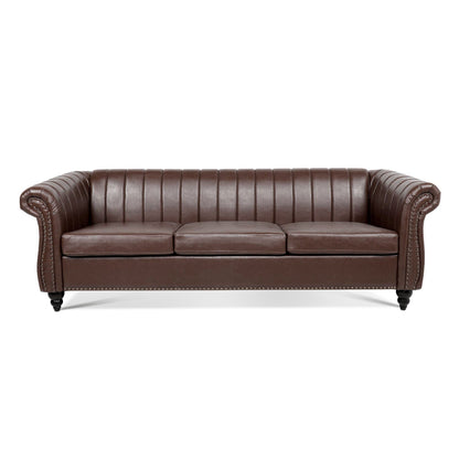 Modern 3 Seat Upholstered Couch, 83.46 PU Leather Rolled Arm Chesterfield Sofa for Living Room and Apartment